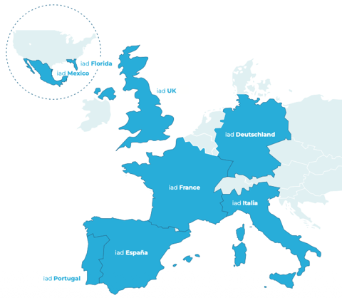 Carte des pays où iad est présent : France, Espagne, Portugal, Italie, Allemagne, Royaume-Uni, Mexique et Floride